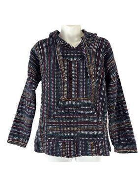 Multicolor Baja Hoodie Jerga Poncho Woven Striped Acrylic Pullover Sz Small